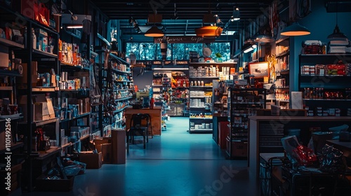 Cozy interior of a modern store with shelves of products and warm lighting