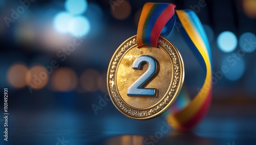 Gold medal for second place with a multi-colored ribbon on a blurred background. Medal for sports competitions. Copy space photo