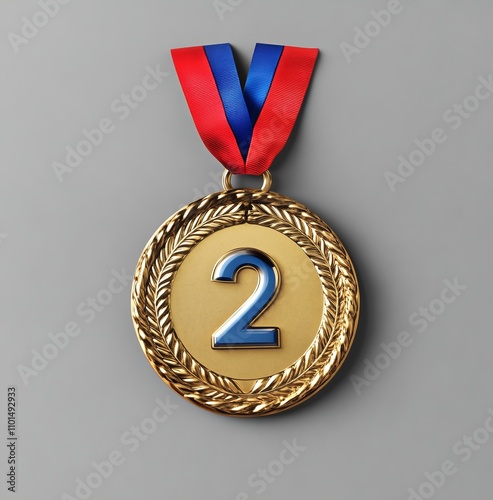 Medal on a ribbon for second place on a grey background. Medal for sports competitions. Copy space	
 photo