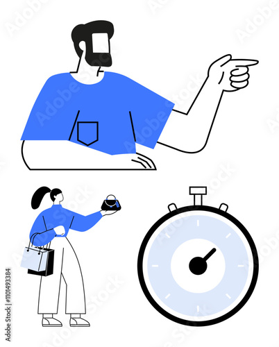 Man with beard pointing woman with shopping bags holding burger large clock with timer. Ideal for time management, efficiency, direction, lifestyle, consumerism, decision making, punctuality. Line