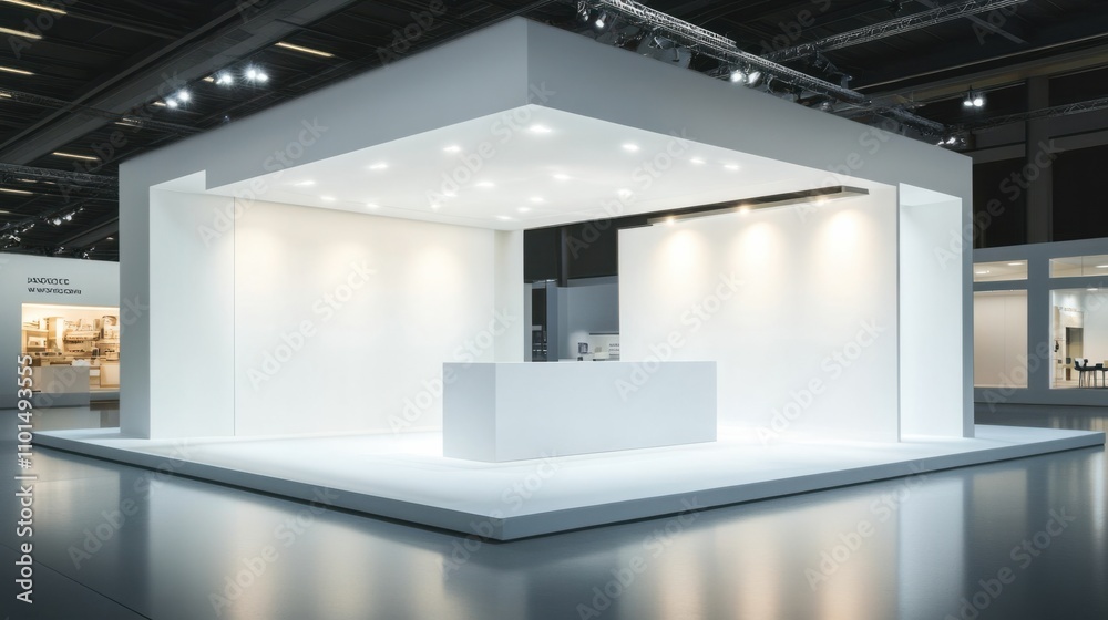 Blank white exhibition booth with overhead lights, clean background, ready for branding Blank white exhibition booth with overhead lights, clean background, ready for branding