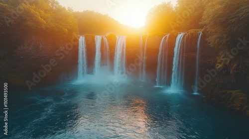 A serene waterfall scene at sunset, showcasing nature's beauty and tranquility.