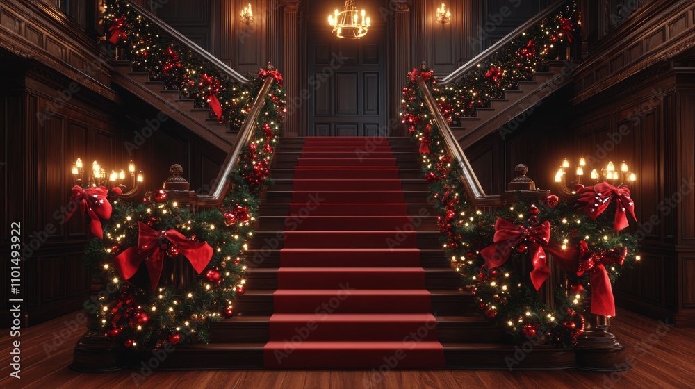 Fototapeta premium Festive Christmas decorations adorn a grand staircase with a red carpet runner, creating a luxurious holiday scene.