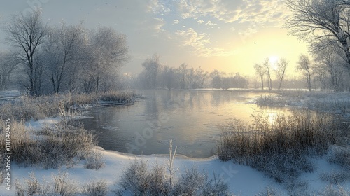 A serene winter landscape with a frozen lake and snow-covered trees illuminated by sunrise.