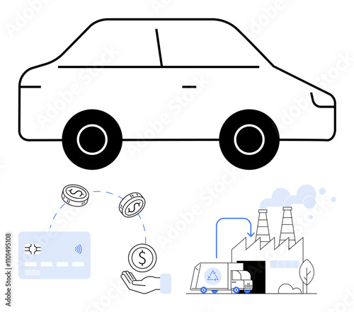 Car outline above payment card and currency exchange icons, factory with delivery truck. Ideal for automotive industry, digital transactions, currency exchange, manufacturing processes, business