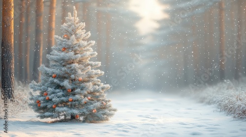 A serene winter scene featuring a snow-covered Christmas tree in a tranquil forest.