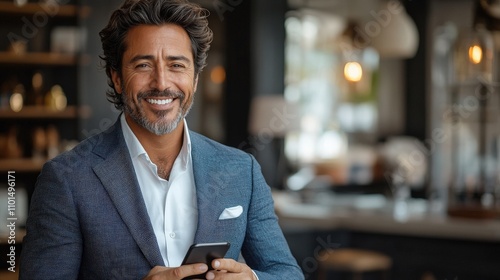 A smiling man in a suit holds a smartphone in a stylish, modern interior setting.