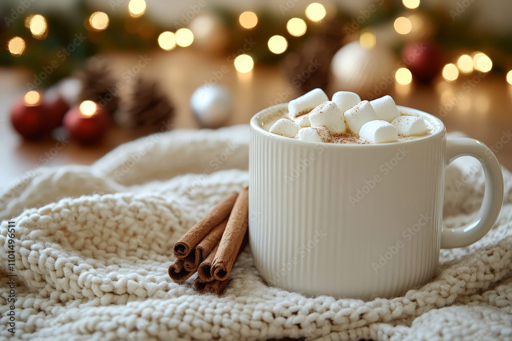 A cozy scene with a white cup of hot chocolate topped with marshmallows, cinnamon sticks, and a warm knitted blanket in the background. A cozy scene with a white cup of hot chocolate topped with marshmallows, cinnamon sticks, and a warm knitted blanket in the background.