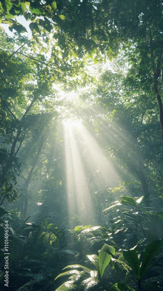 Fototapeta premium Sunlight Shines Through Lush Jungle Canopy