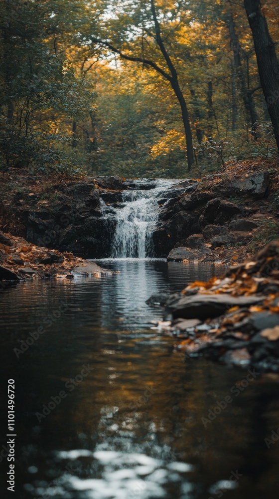 Serene Waterfall Flowing Through Autumn Forest Serene Waterfall Flowing Through Autumn Forest