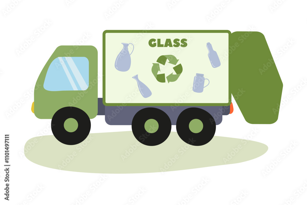 Green recycling truck collecting glass waste in a neighborhood Green recycling truck collecting glass waste in a neighborhood