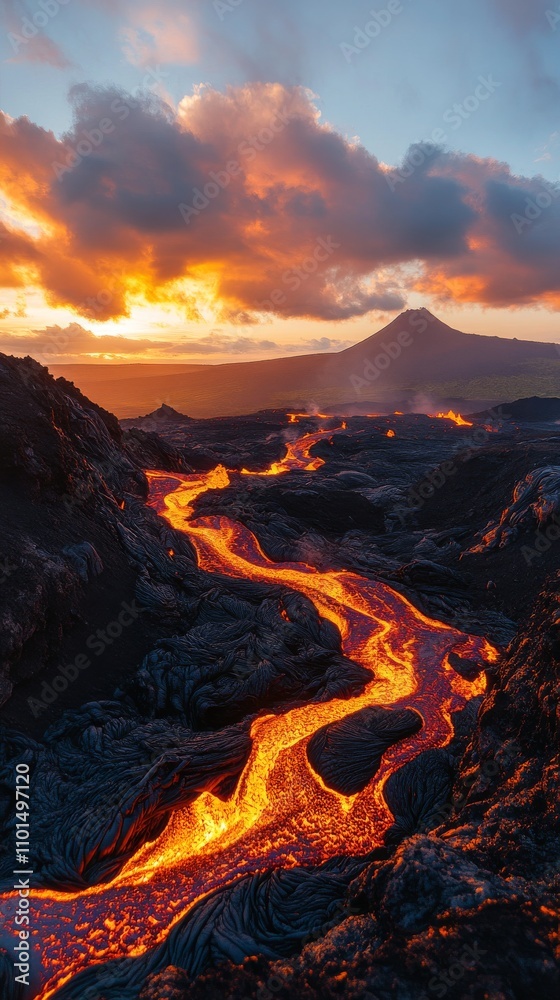 Naklejka premium Aerial View of Volcano with Flowing Lava at Sunset