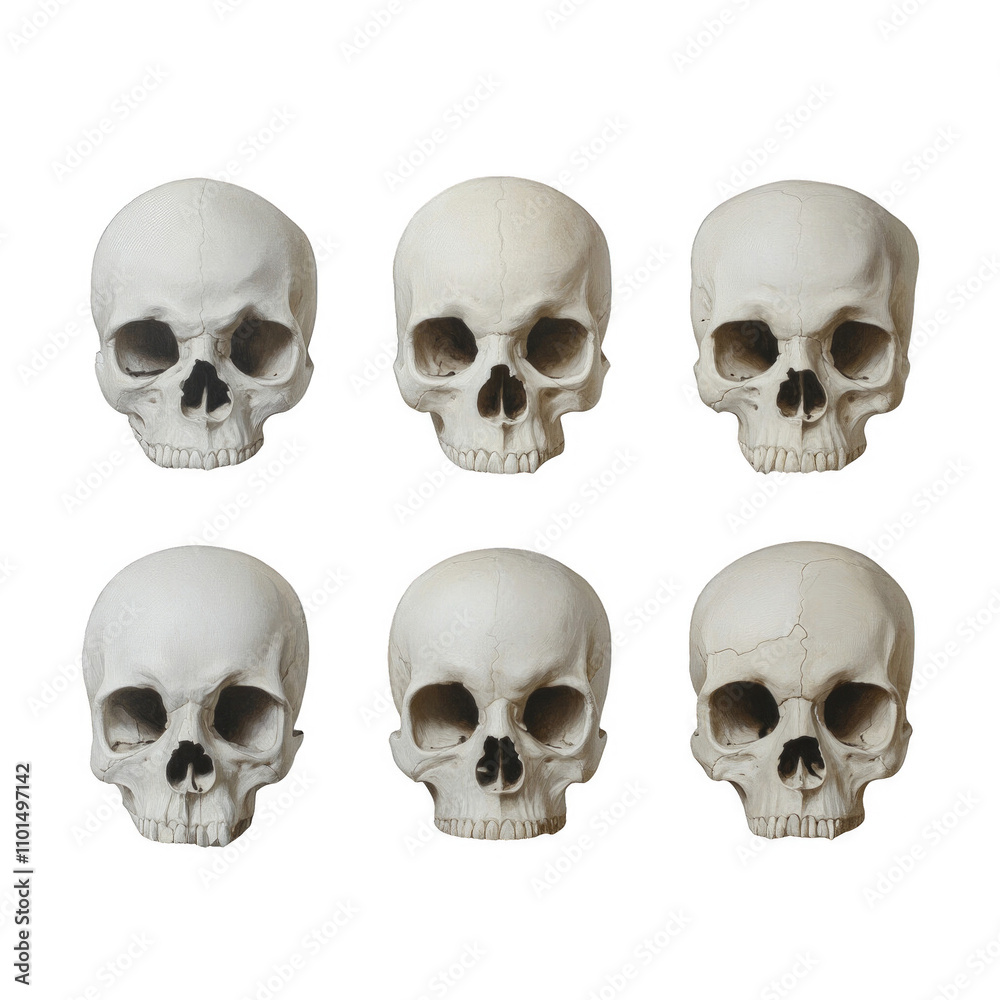 A set of six skulls are shown in a row A set of six skulls are shown in a row