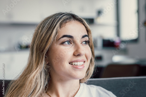 Free Download Head shot close up dreamy young smiling beautiful woman looking away, visualizing future indoors of recollecting good memories. Happy healthy millennial girl enjoying free weekend time at home.. - GFXLoad