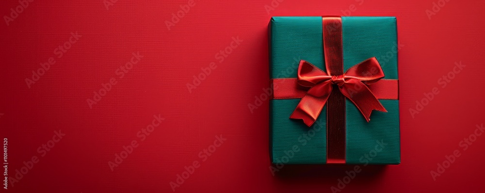 A beautifully wrapped green gift box with a vibrant red ribbon on a red background, perfect for Christmas or special occasions. MZ A beautifully wrapped green gift box with a vibrant red ribbon on a red background, perfect for Christmas or special occasions. MZ