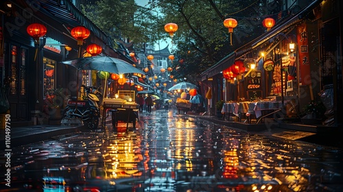 The photo showcases a hidden alleyway street food vendor in a rainy urban setting, with reflections glistening on wet cobblestones, Photography, National Geographic Style, spectacular backdrops, vivid