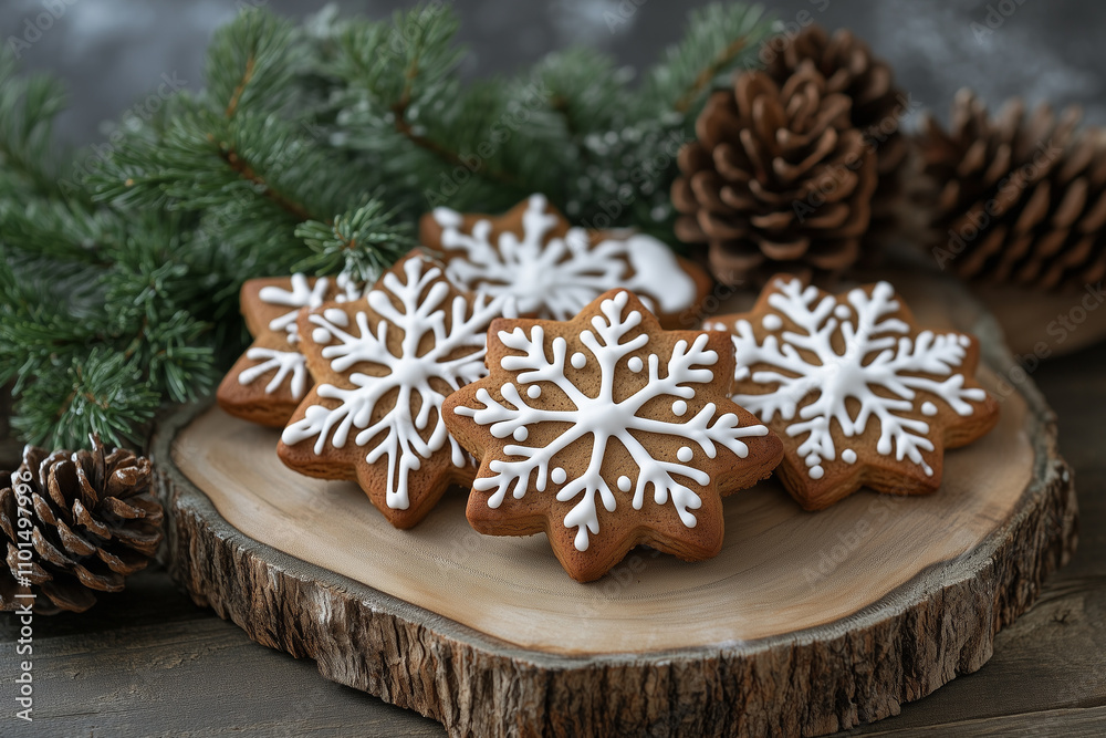 Festive gingerbread cookies, snowflake shapes, holiday decoration with pinecones and fir branches on wooden table. Festive gingerbread cookies, snowflake shapes, holiday decoration with pinecones and fir branches on wooden table.