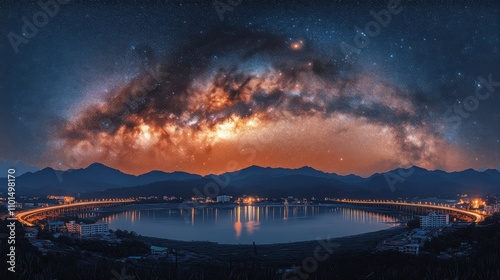 A stunning panoramic view of a starry sky over a serene landscape and river.