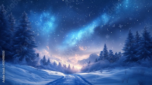 Magical winter night scene with snow-covered trees, path, and aurora borealis in the sky.