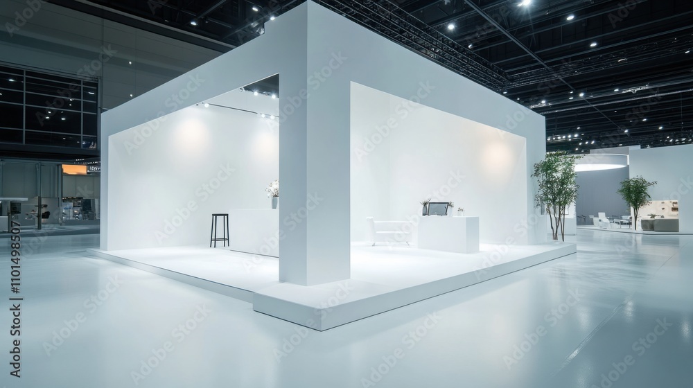 Fototapeta premium Minimal white booth with clean backdrop, open floor space, perfect for corporate exhibits