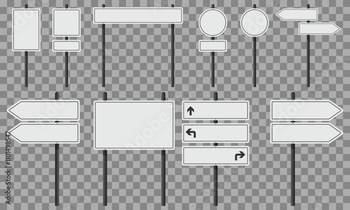 Set of white road signs on black poles. Blank signs for customized text or symbols. Vector illustration, EPS10