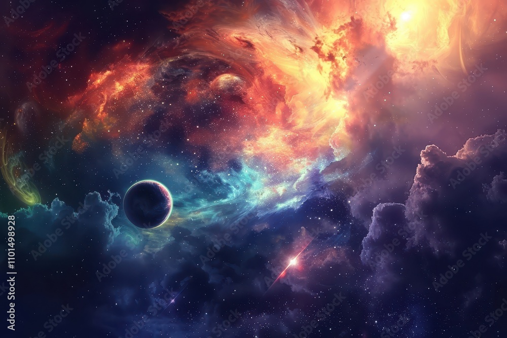 Colorful Nebula and Glowing Planet in Deep Space Colorful Nebula and Glowing Planet in Deep Space