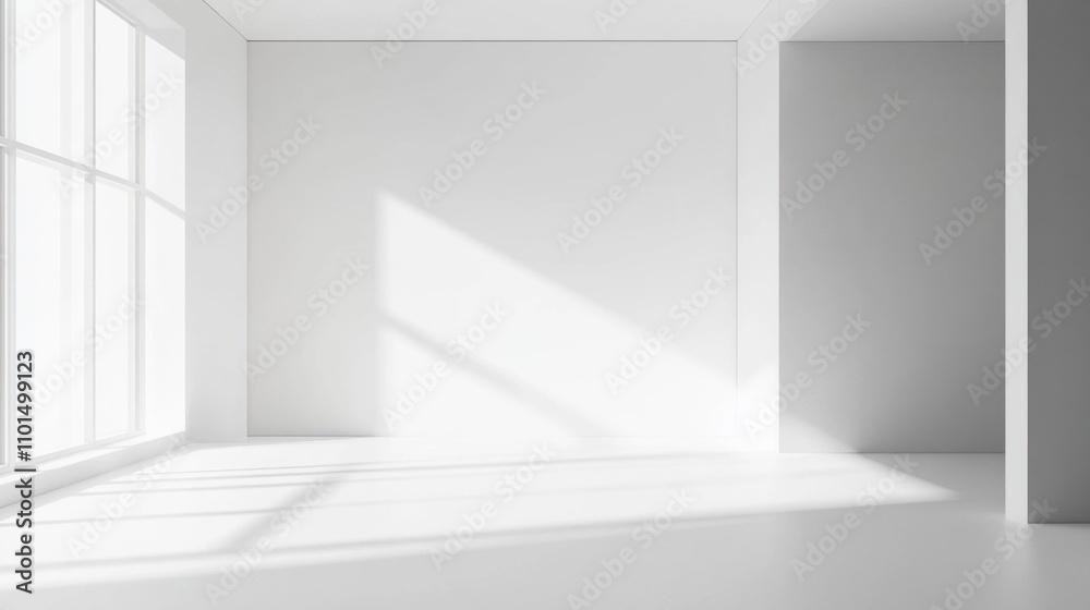 Fototapeta premium Minimalist white stand booth with blank walls, ready for product showcases and branding