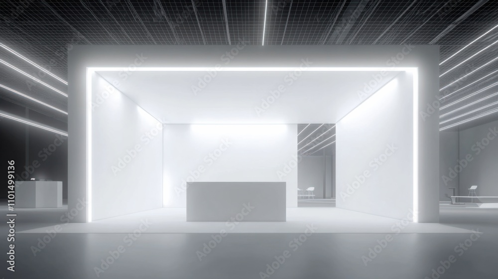 Minimalistic white booth with blank walls and bright lighting, perfect for trade show
