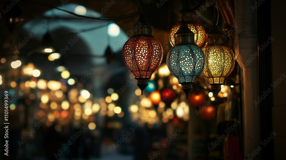 Obraz premium Traditional hanging lanterns displayed in a vibrant market setting.