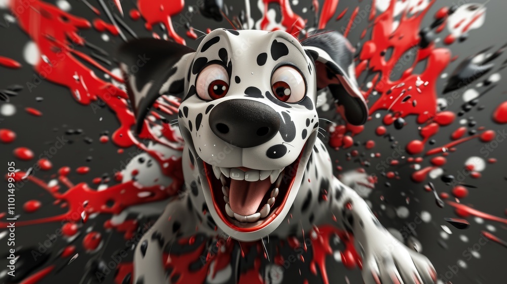 An energetic Dalmatian dog leaps towards the camera, surrounded by splashes of red and black paint. Its playful expression and dynamic motion make the scene feel lively and fun. The contrast of the