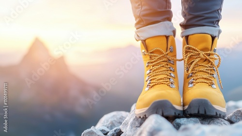 Bright yellow boots on a rocky peak during sunset.