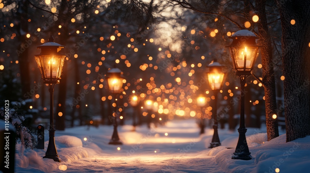Snow-covered path lined with glowing lanterns in a winter forest at dusk. Snow-covered path lined with glowing lanterns in a winter forest at dusk.