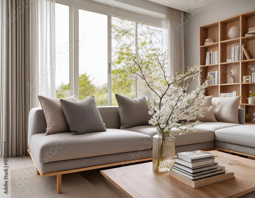 A cozy modern living room with a grey sofa  coffee table with books  glass box  and vase with flowers  near a window with a soft outdoor view