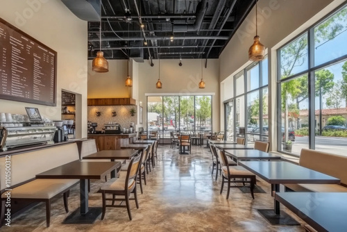 Modern cafe interior with tables, chairs, and large windows offering natural light.