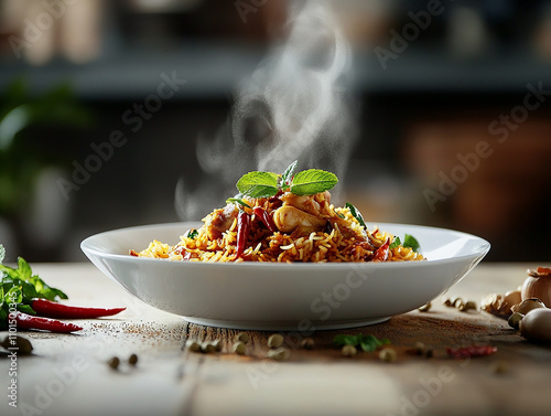bowl of watering full chicken biryani dish isolated on wooden table background  side view photo