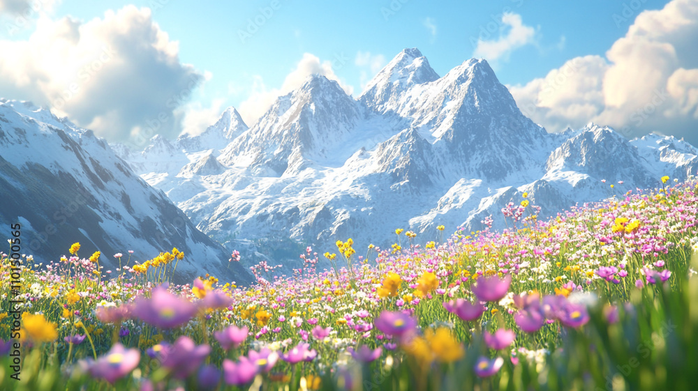 Vibrant wildflowers bloom in a stunning mountain landscape under clear blue skies Vibrant wildflowers bloom in a stunning mountain landscape under clear blue skies