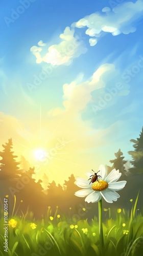 A serene landscape featuring a flower with a bee, under a bright sky at sunrise.