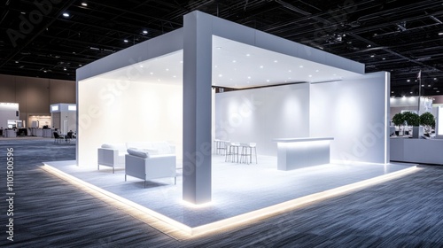 Simple, modern white trade show booth with blank backdrop, open space, and lighting for corporate events
