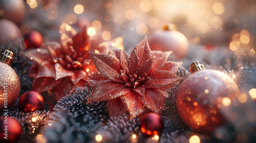 Sparkling red poinsettias and ornaments in warm light. Sparkling red poinsettias and ornaments in warm light.