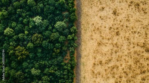 An aerial view showcasing a stark contrast between a lush green forest and a dry, barren landscape, highlighting environmental changes. photo