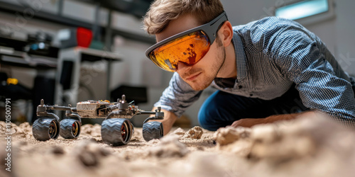 Engineer testing Mars rover wheels in simulated environment
