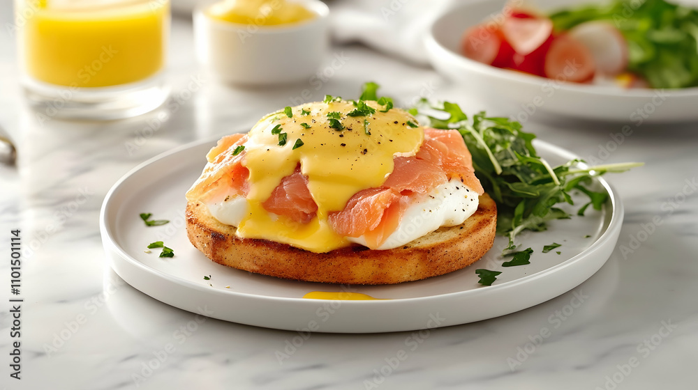 Classic Eggs Benedict with Smoked Salmon and Fresh Dill, Luxury Brunch Photography Classic Eggs Benedict with Smoked Salmon and Fresh Dill, Luxury Brunch Photography