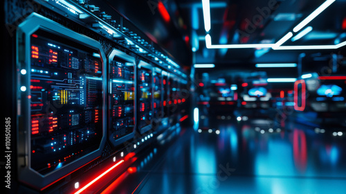 High tech server room with illuminated equipment and modern design