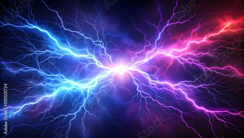 Vibrant blue and purple lightning strikes on a dark background.