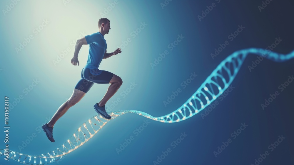 A futuristic concept showing an athlete running on a glowing DNA strand, representing the fusion of human performance and genetic science. The vibrant scene reflects technological advancements in