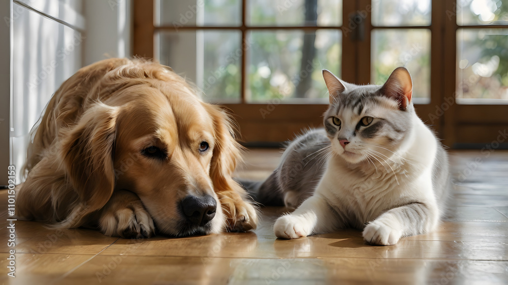 A cat and a dog are laying on the floor together. The dog is looking at the camera and the cat is looking away A cat and a dog are laying on the floor together. The dog is looking at the camera and the cat is looking away