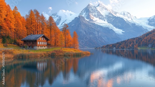 Serene autumn landscape with a cabin by a lake and mountains in the background.