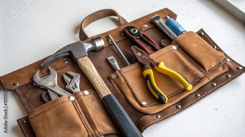 A rugged leather toolbelt packed with neatly arranged tools, including a hammer, screwdriver, and pliers, displayed flat on a white surface with crisp, professional lighting