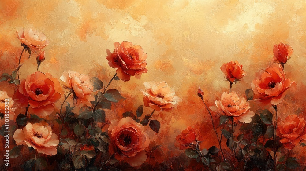 Obraz premium Artistic painting of orange roses in a garden, warm tones, soft light.