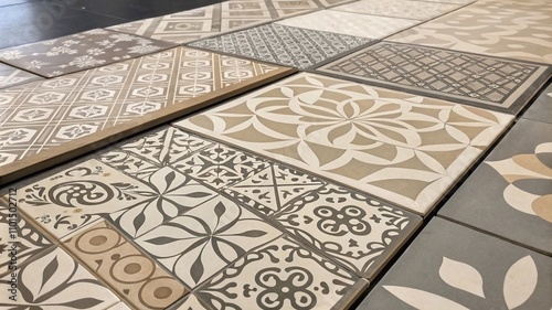 An array of colorful cement tiles with geometric patterns, arranged on a smooth surface